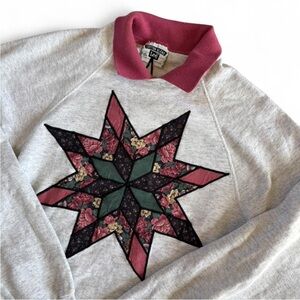 Vintage Hand Embroidered Quilt Patchwork Collared Sweatshirt Grandmacore Size XL